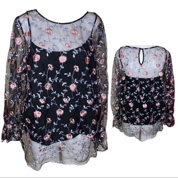 Nanette Lapore Blouse Black Floral Net & Black Camisole XL - Picture 1 of 12